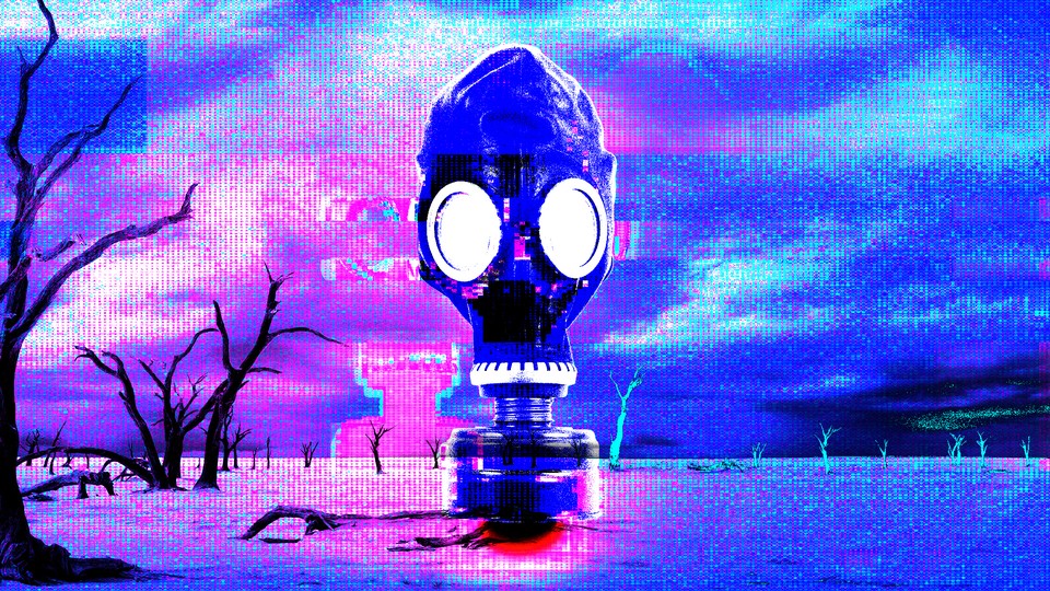 An illustration of a gas mask with an apocalyptic background
