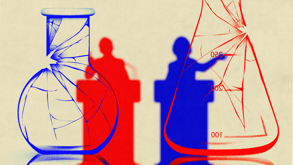 Two candidates at podiums, one red and one blue, stand behind two broken beakers