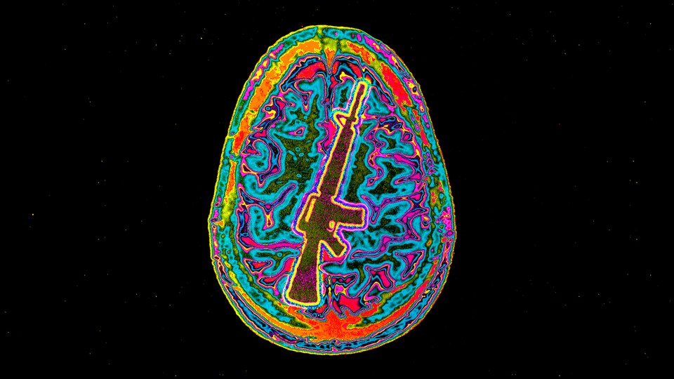 An illustration of a brain scan, with the outline of a gun visible in the brain