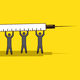 An illustration of people holding up a vaccine needle.