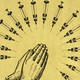Illustration of praying hands, surrounded by syringes