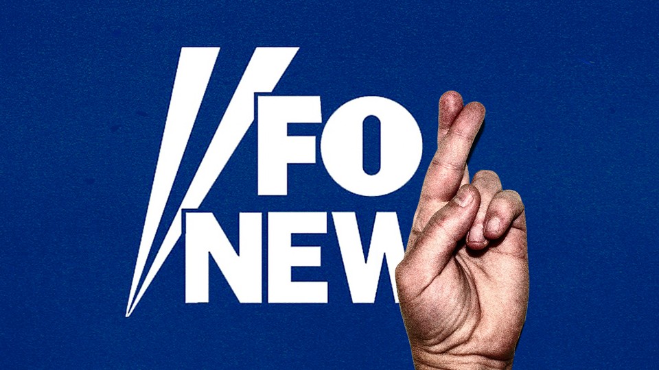 Illustration of Fox News logo with a hand crossing its fingers replacing the letter "x."
