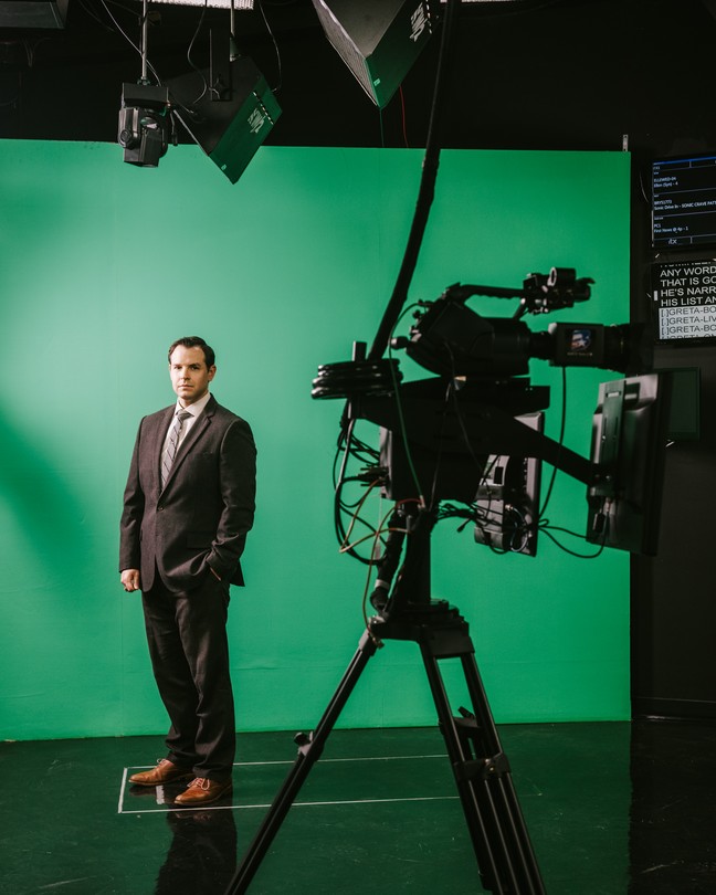Shel Winkley, the chief meteorologist for the PinPoint Weather Team at KBTX news staton, poses for a portrait at the KBTX studios in Bryan, Texas on February 2, 2022.