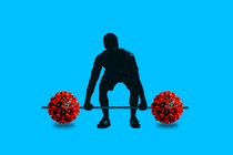 A man lifts a dumbbell bar with red coronaviruses where the dumbbells should be