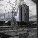A broken window at Planalto Palace in Brasilia, Brazil