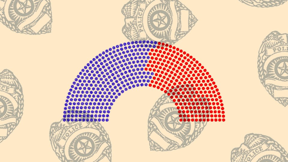 An illustration of congressional seats with police badges behind
