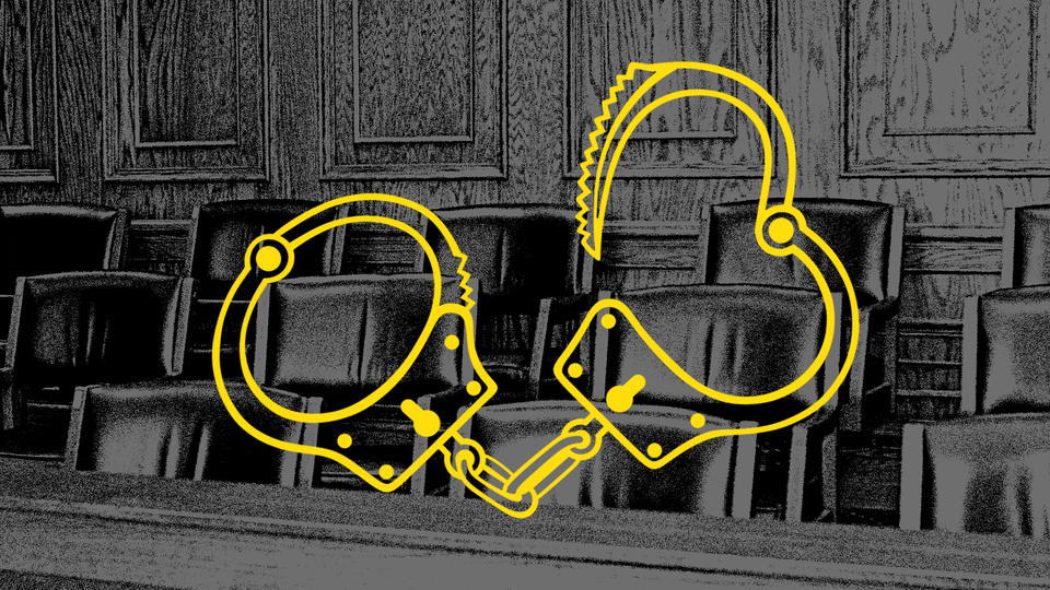 Yellow outline of unlocked handcuffs over a black and white picture of an empty jury box