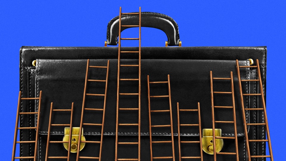 Broken ladders leaning on a leather briefcase