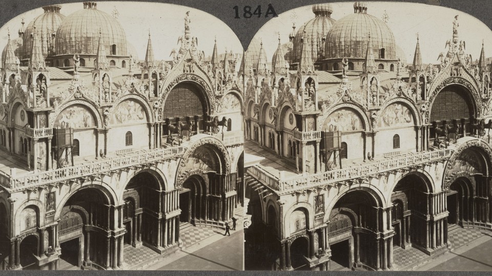A black and white stereograph print of St. Mark's in Venice