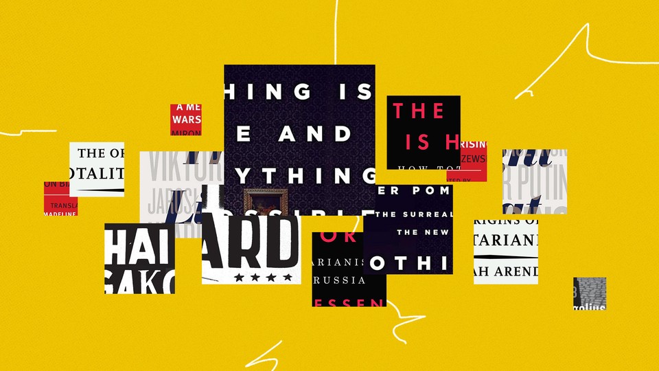 Squares from multiple book covers collaged and overlapping on a yellow background