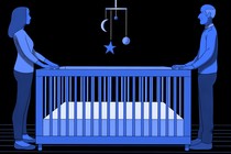 An illustration of a husband and wife standing on opposite sides of an empty crib