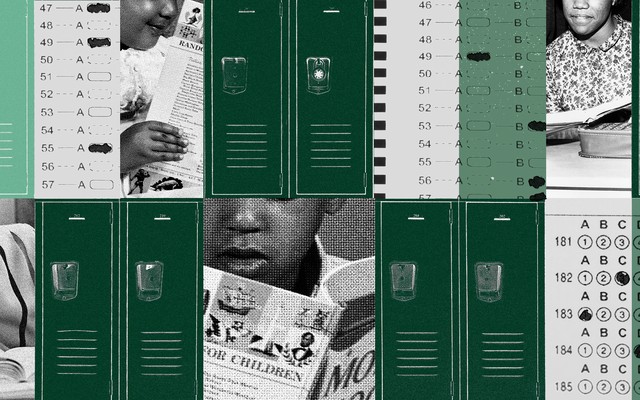 Collage of images of green lockers with black and white standardized test bubbles and children with books