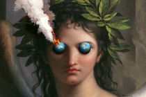 An illustration of an ancient Greek figure with globes for eyes, one of which is on fire and smoking