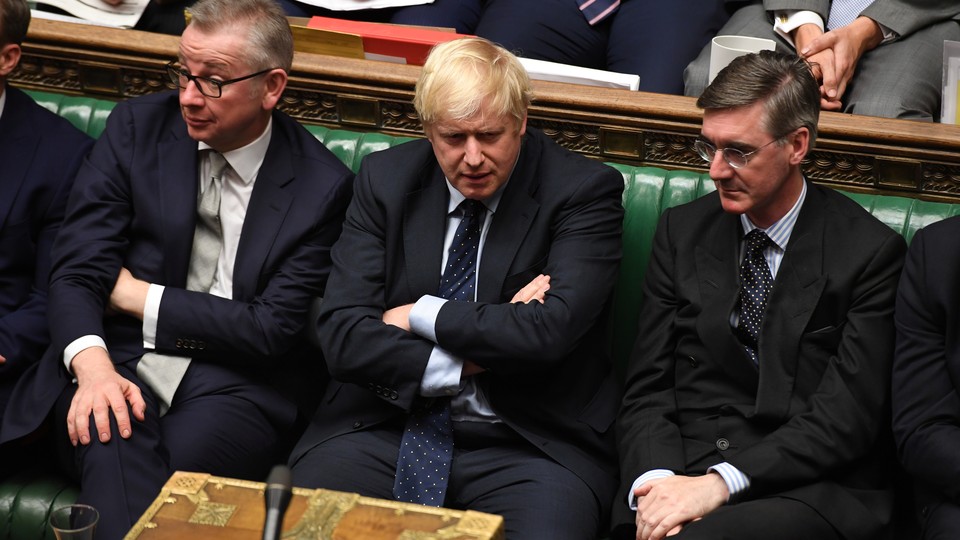 Conservative Party leaders getting the news of their big defeat in yesterday's vote: from left, Michael Gove, Boris Johnson, and Jacob Rees-Mogg. What can Americans learn from the dissident faction that outmaneuvered them?