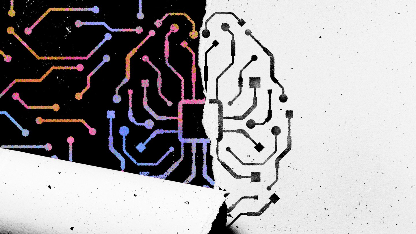 A graphic illustration of an AI brain with one side splitting off into many branches.