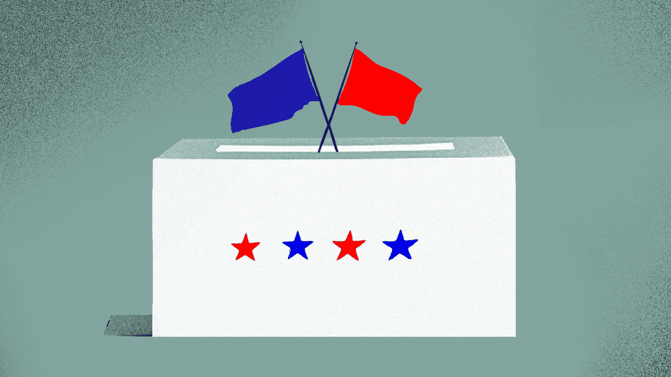 A ballot box with a red flag and a blue flag sticking out