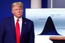 U.S. President Donald Trump stands in front of a chart labeled “Goals of Community Mitigation” showing projected deaths from the coronavirus in the United States.