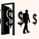 Dollar signs following and preceding a silhouetted figure through an open door