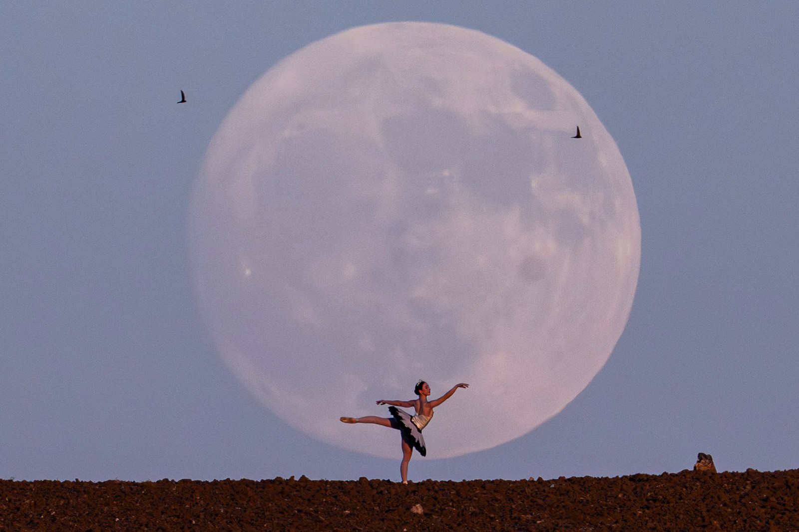 A telephoto image of a dancer, posing, with a nearly-full moon in the distant background.