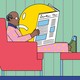 A man reading a newspaper in a chair is surprised by a giant frowny face emerging from the newspaper