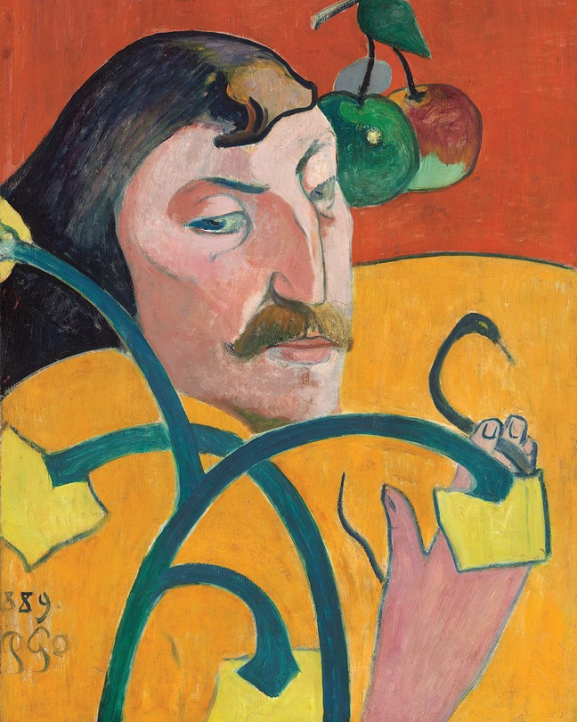 Painted stylized self-portrait of man's face with dark hair and mustache, surrounded by vines, fruit, and orange and yellow fields of color.