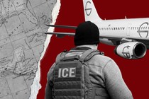 Illustration showing ICE officer, deportation plane, and map