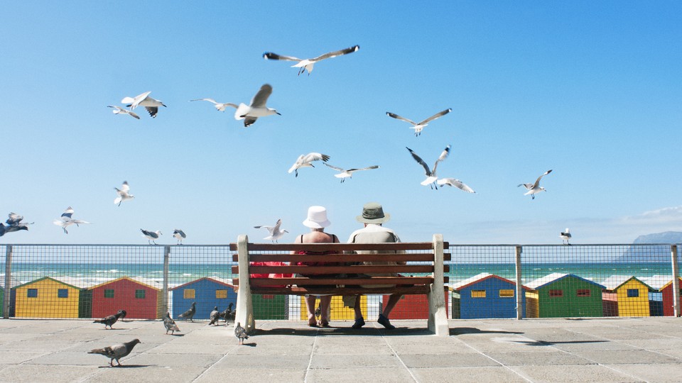 Two elderly people enjoy lunch on a bench in front of seagulls