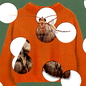 an orange sweater on a green background has a bunch of holes punches in it, to reveal a moth behind