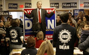 2004 Democratic presidential hopeful former Vermont Gov. Howard Dean speaks to staff and volunteers at the local Dean for America headquarters in Milford, N.H.