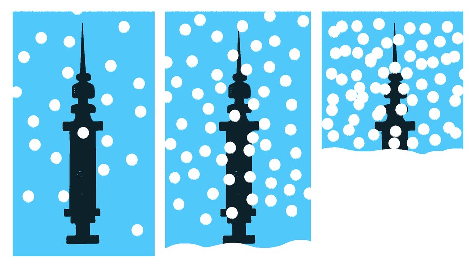 A vaccine slowly disappears as snow piles up.