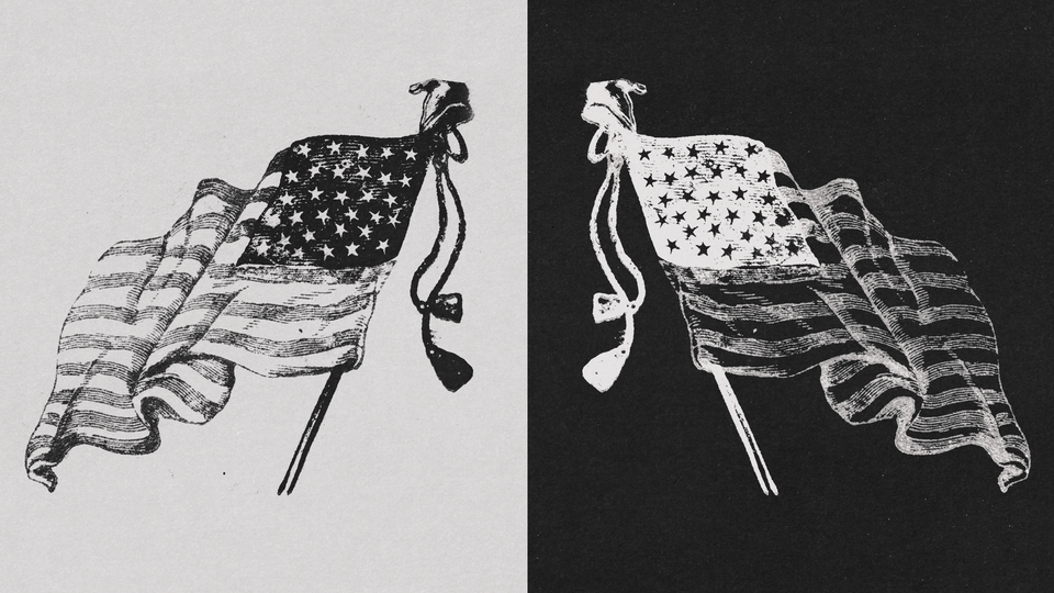 A black-and-white depiction of two American flags, with one in reversed tones