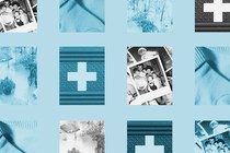Photos of flooding, as well as of family Polaroids and heirlooms, arranged in a 3 x 4 grid and washed blue, against a blue background