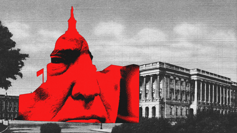 An illustration showing Trump's face superimposed on the Capitol