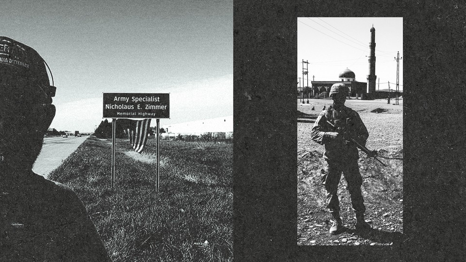 A highway memorial sign for Nicholaus Zimmer, Hugh Martin's buddy from basic training | Hugh Martin in Jalawla, Iraq, 2004.