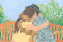 An illustration of a woman hugging a pixelated figure on a park bench on a sunny day.