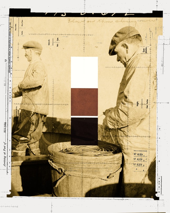 Illustration of Portuguese workers with white, brown, and black squares collaged over