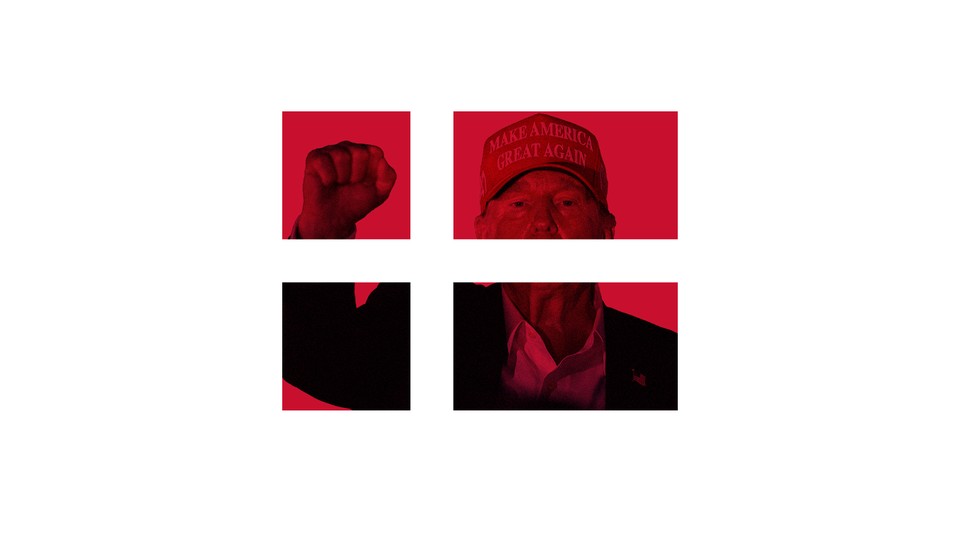 The flag of Denmark portrayed as a window, with Donald Trump outside it