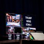 Screens prepared to broadcast at a caucus night watch party with former US President Donald Trump in Des Moines, Iowa