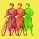 Three line sketches of women wearing bloomers-style outfits and standing next to bicycles