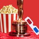 Illustration of an Oscar, popcorn, and 3-D glasses