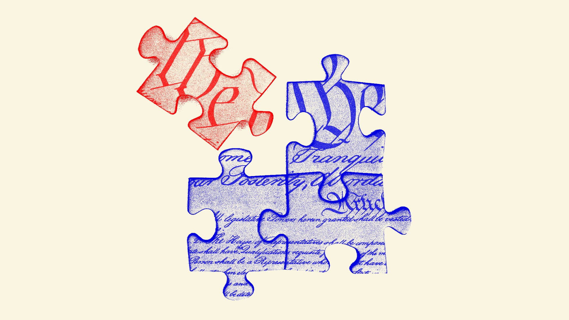 Graphic illustration showing puzzles pieces with words from the U.S. Constitution printed on them