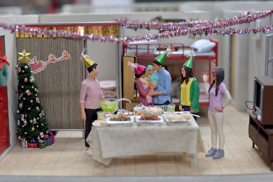 A scale model of a holiday celebration in a small apartment