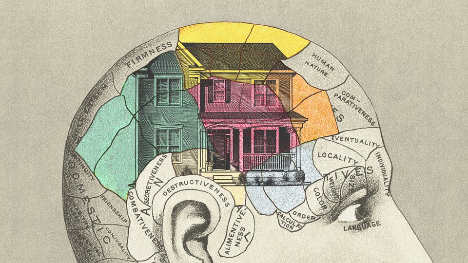 An illustration of a diagram of the human brain, with an image of a house occupying several regions of the diagram
