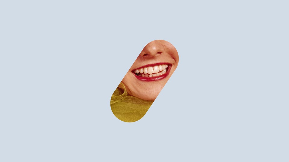 Illustration of a pill-shaped window, tilted an angle, showing someone's smiling mouth and nose