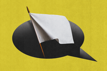 An illustration showing white flag waved from a speech bubble-shaped hole.