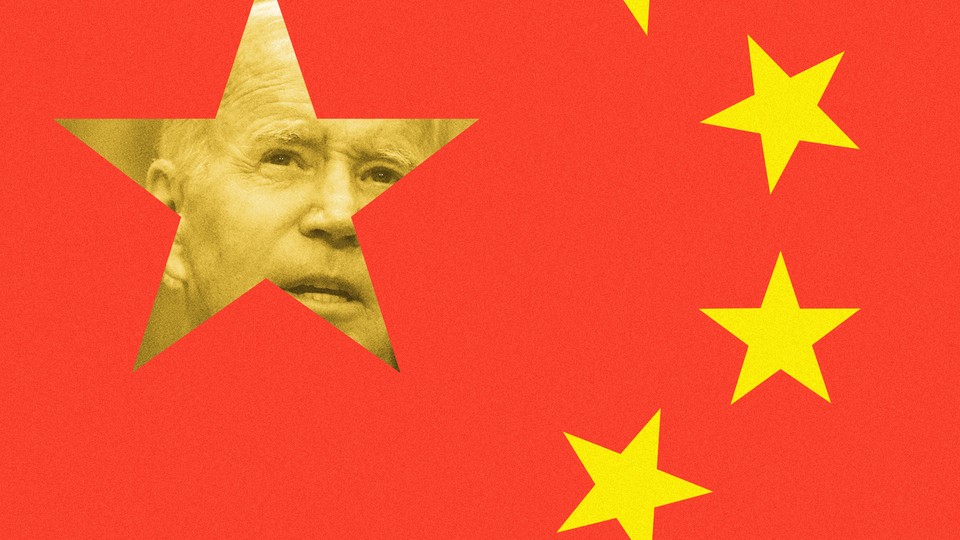 An illustration showing Biden's face appearing against the background of a Chinese flag.