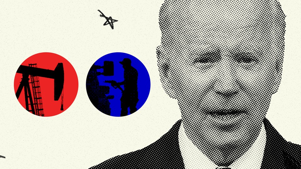 A black-and-white photo of Joe Biden next to two circles. One is red and contains the outline of an oil well; the other is blue and features the outline of a person at a gas pump.