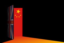 A door with the British flag opens to reveal the Chinese flag