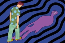 An illustration showing a young man walking with his shadow visible in front and a face of misery.