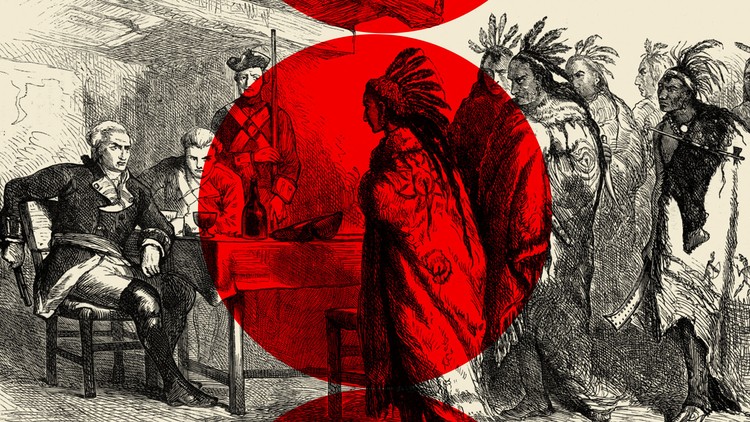 An illustration of Pontiac and other Native Americans meeting with Major Gladwin